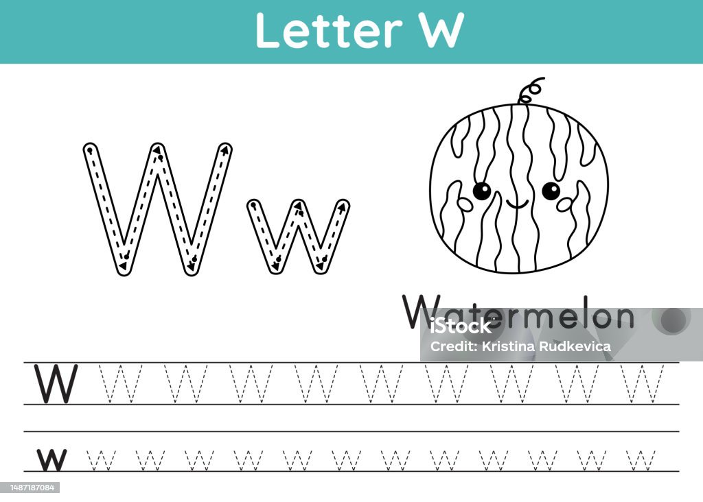 Alphabet abc az exercise coloring page trace letter w vocabulary for coloring book cute kawaii watermelon printable activity worksheet for kids educational game vector illustration stock illustration