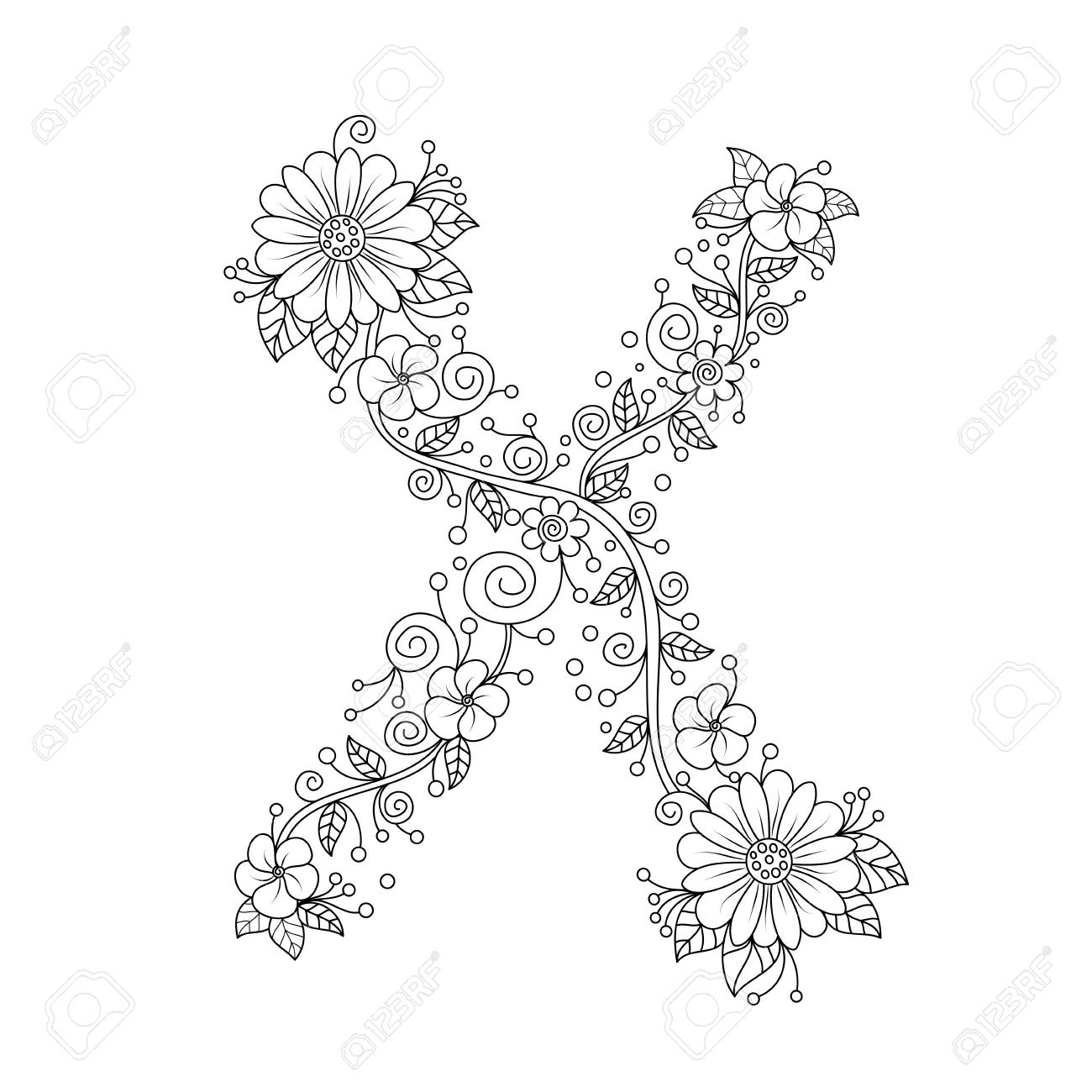 Floral alphabet letter x coloring book for adults vector illustrationhand drawndoodle style royalty free svg cliparts vectors and stock illustration image