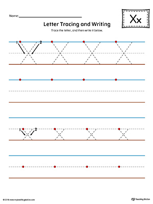 Letter x tracing and writing printable worksheet color