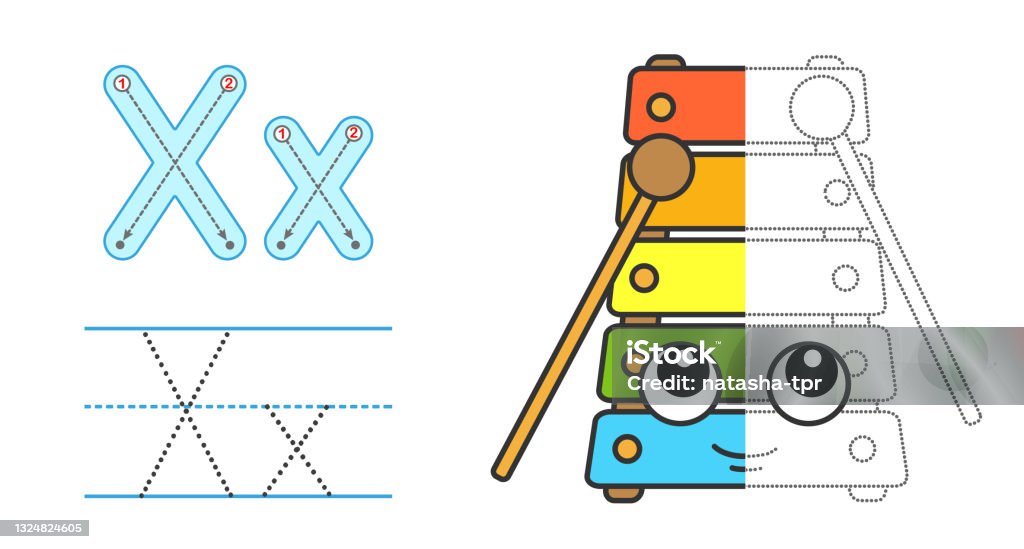 Trace the letter and picture and color it educational children tracing game coloring alphabet letter x and funny xylophone stock illustration