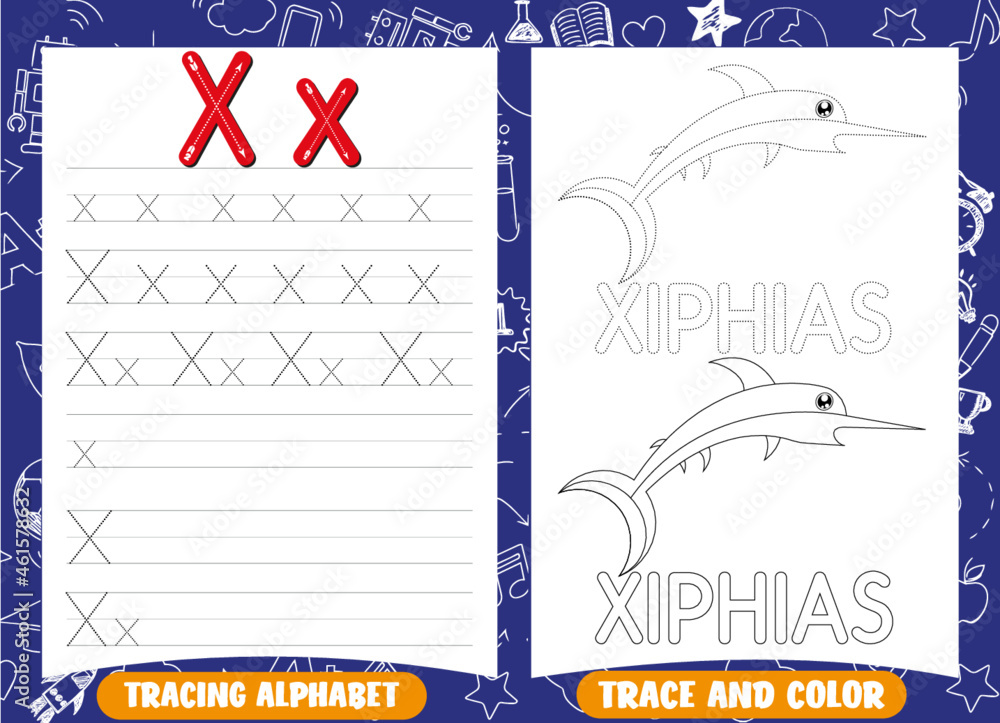 Alphabet tracing practice letter x writing practice and coloring book for kids vector
