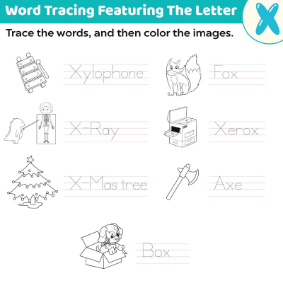 Trace the words start with x worksheets