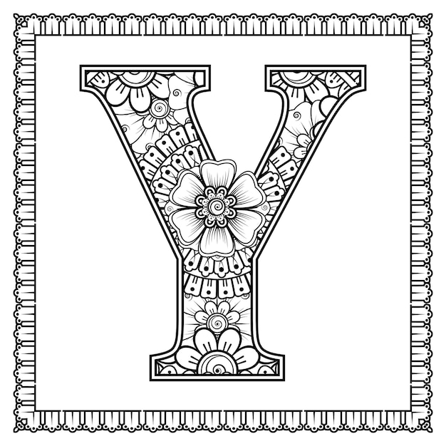 Premium vector letter y made of flowers in mehndi style coloring book page outline handdraw vector illustration