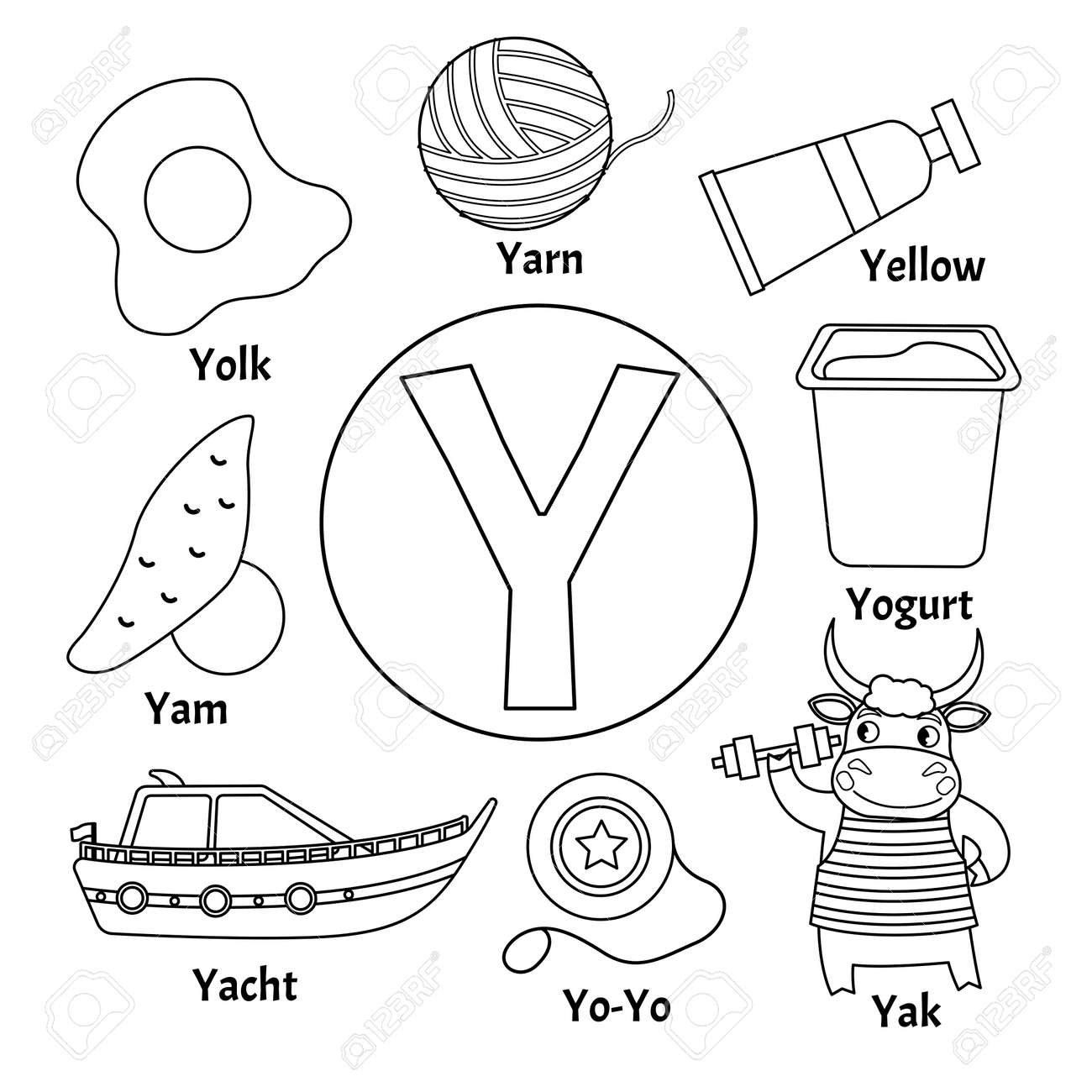Vector cute kids animal alphabet letter y set of cute cartoon illustrations coloring page royalty free svg cliparts vectors and stock illustration image