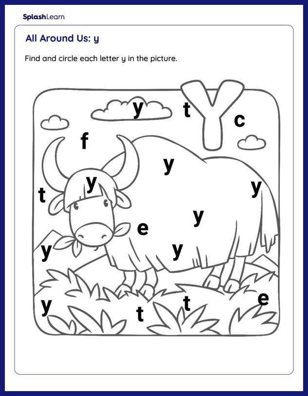 Spot circle the letter y â printable reading worksheet
