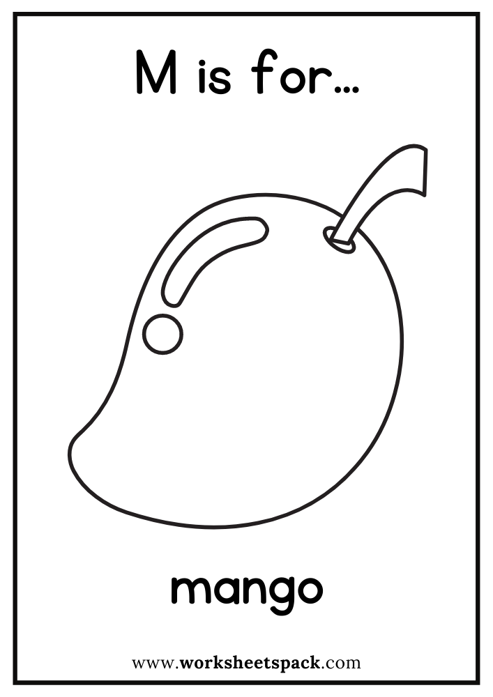 M is for mango coloring page free mango flashcard for kindergarten
