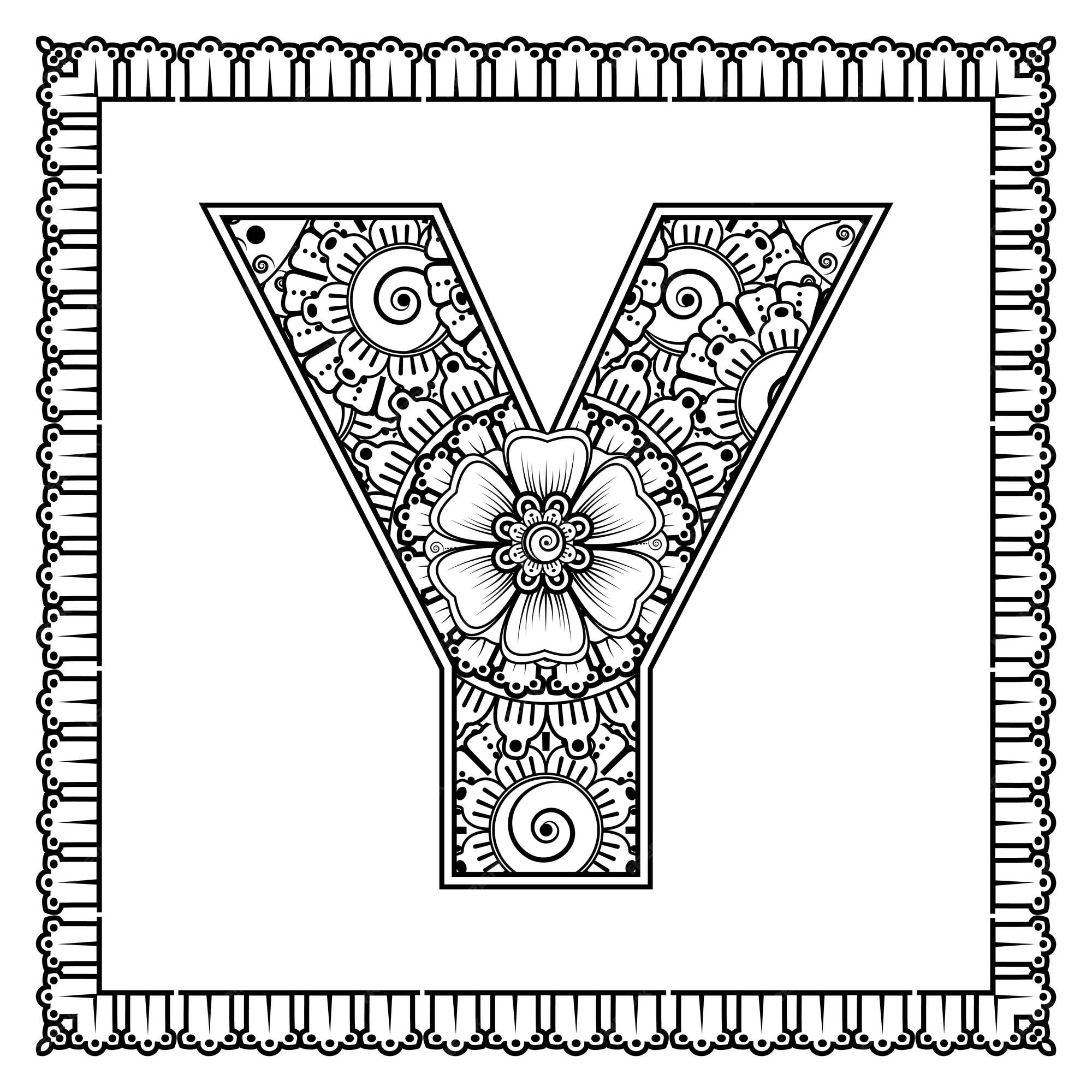 Premium vector letter y made of flowers in mehndi style coloring book page outline handdraw vector illustration