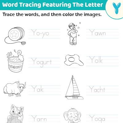 Trace the words start with y worksheets