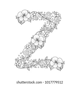 Floral alphabet letter z coloring book stock vector royalty free