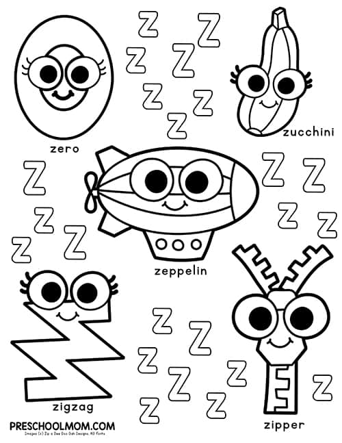 Letter z preschool printables