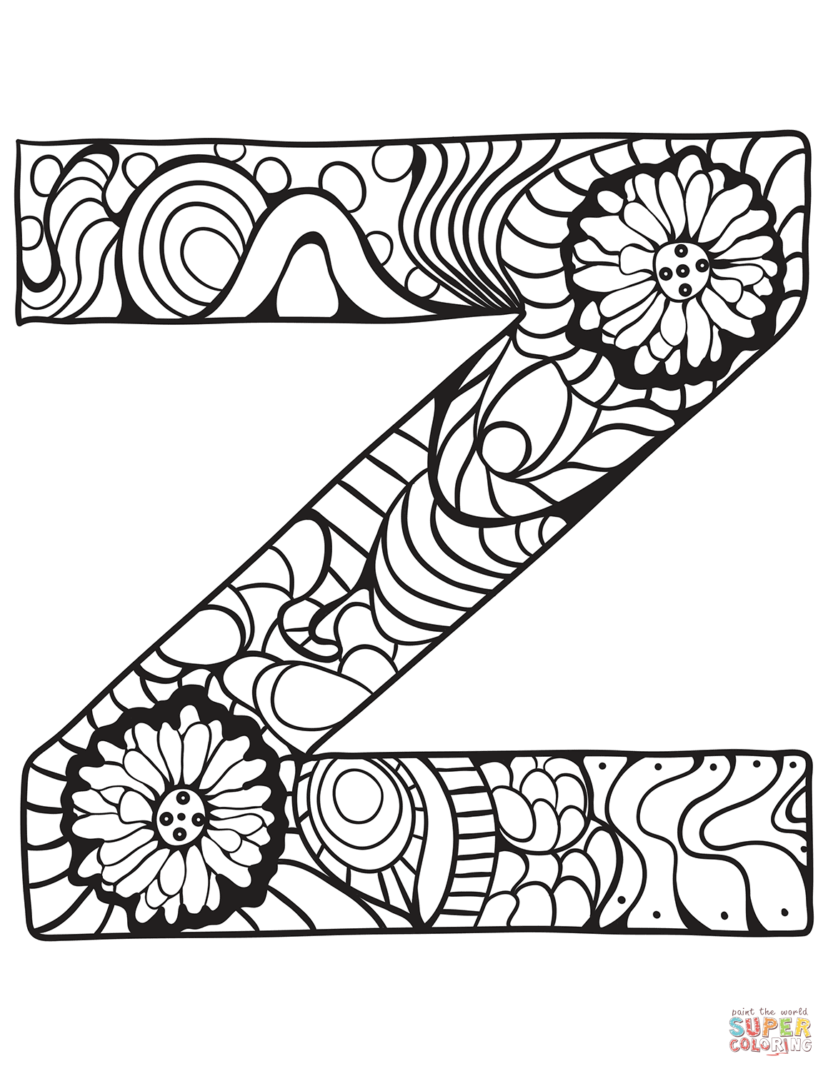 Letter z zentangle coloring page free printable coloring pages