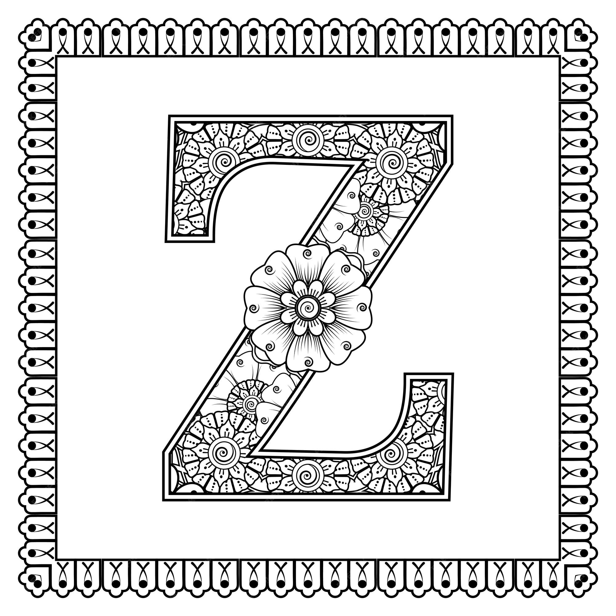 Premium vector letter z made of flowers in mehndi style coloring book page outline handdraw vector illustration