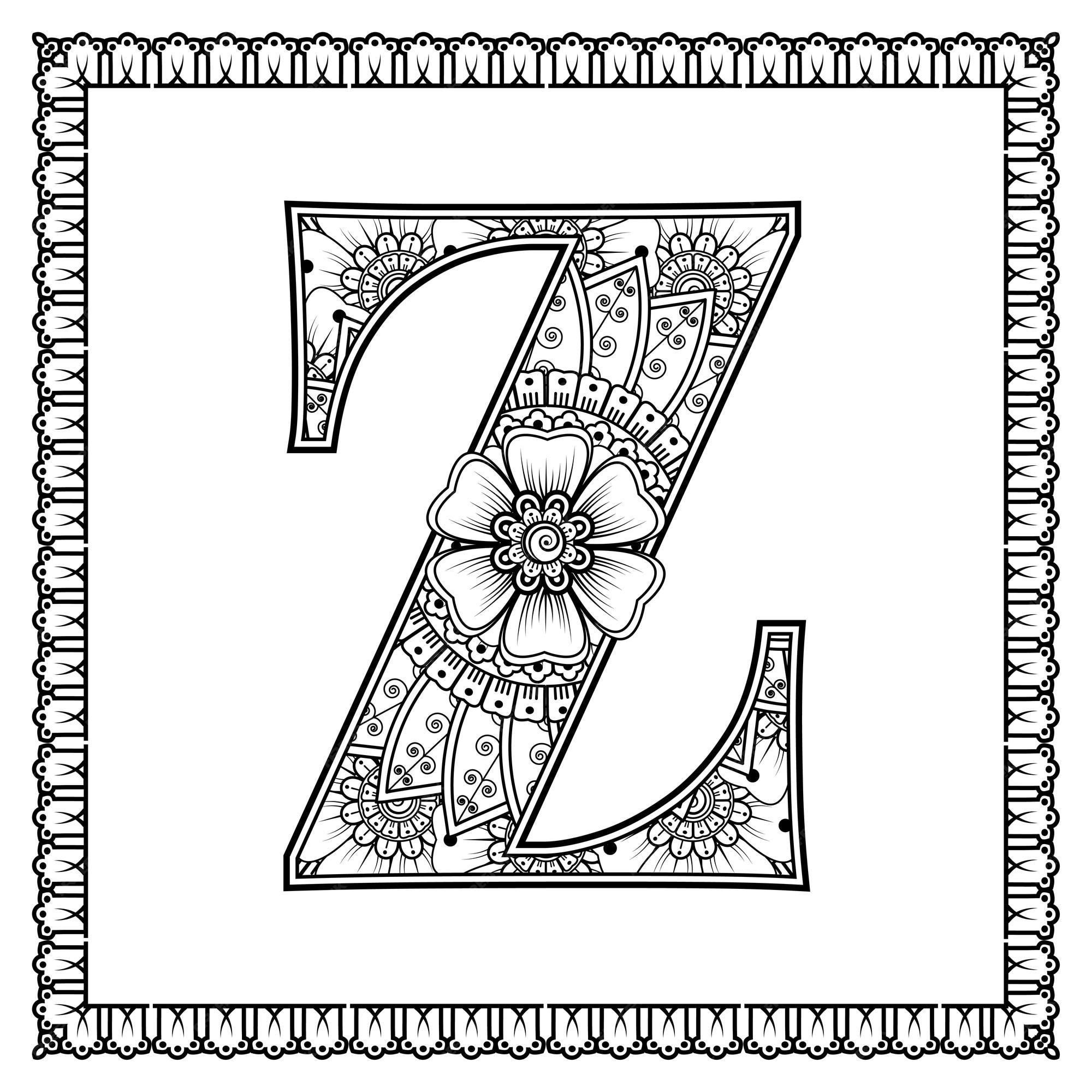 Premium vector letter z made of flowers in mehndi style coloring book page outline handdraw vector illustration