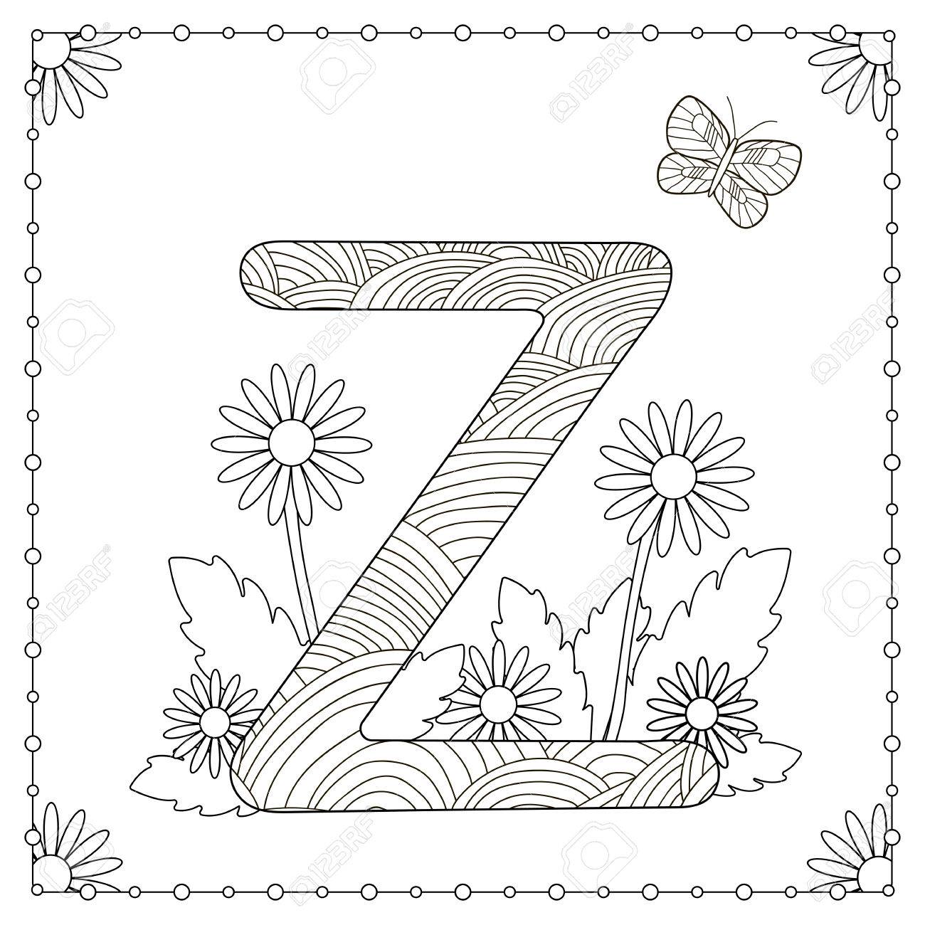 Alphabet coloring page capital letter z with flowers leaves and butterflies vector illustration royalty free svg cliparts vectors and stock illustration image