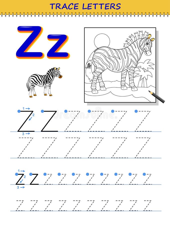 Tracing letter z for study alphabet printable worksheet for kids education page for coloring book stock vector