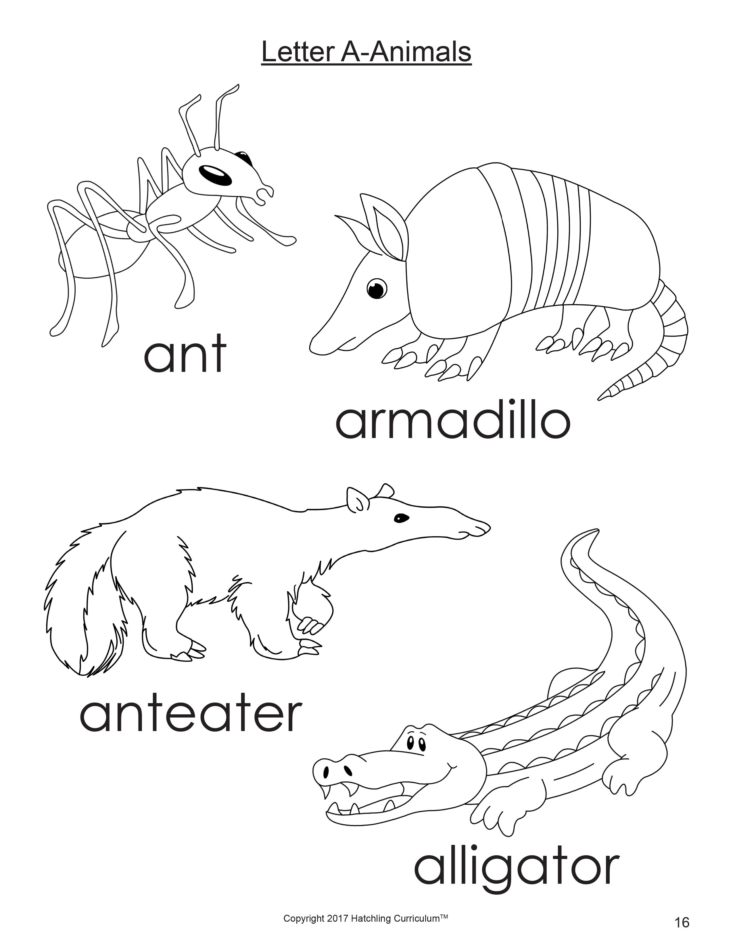 Letter a animals coloring page