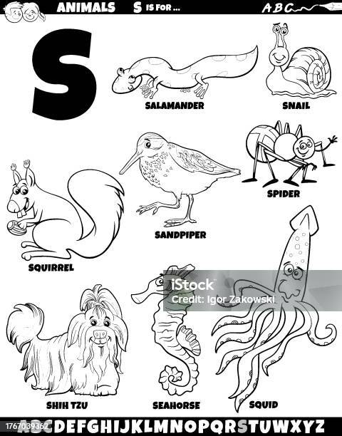 Cartoon animal characters for letter s set coloring page stock illustration