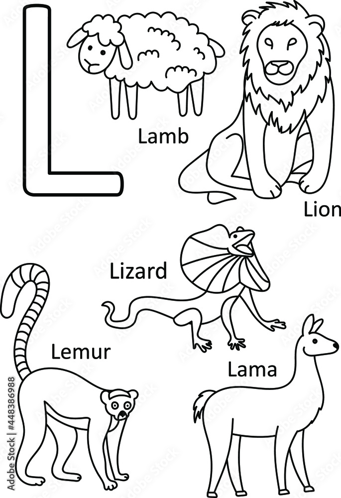 Vecteur l animals names alphabet coloring for kids alphabet animals coloring page abc coloring preschool education