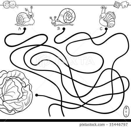 Paths maze with snails and lettuce coloring book