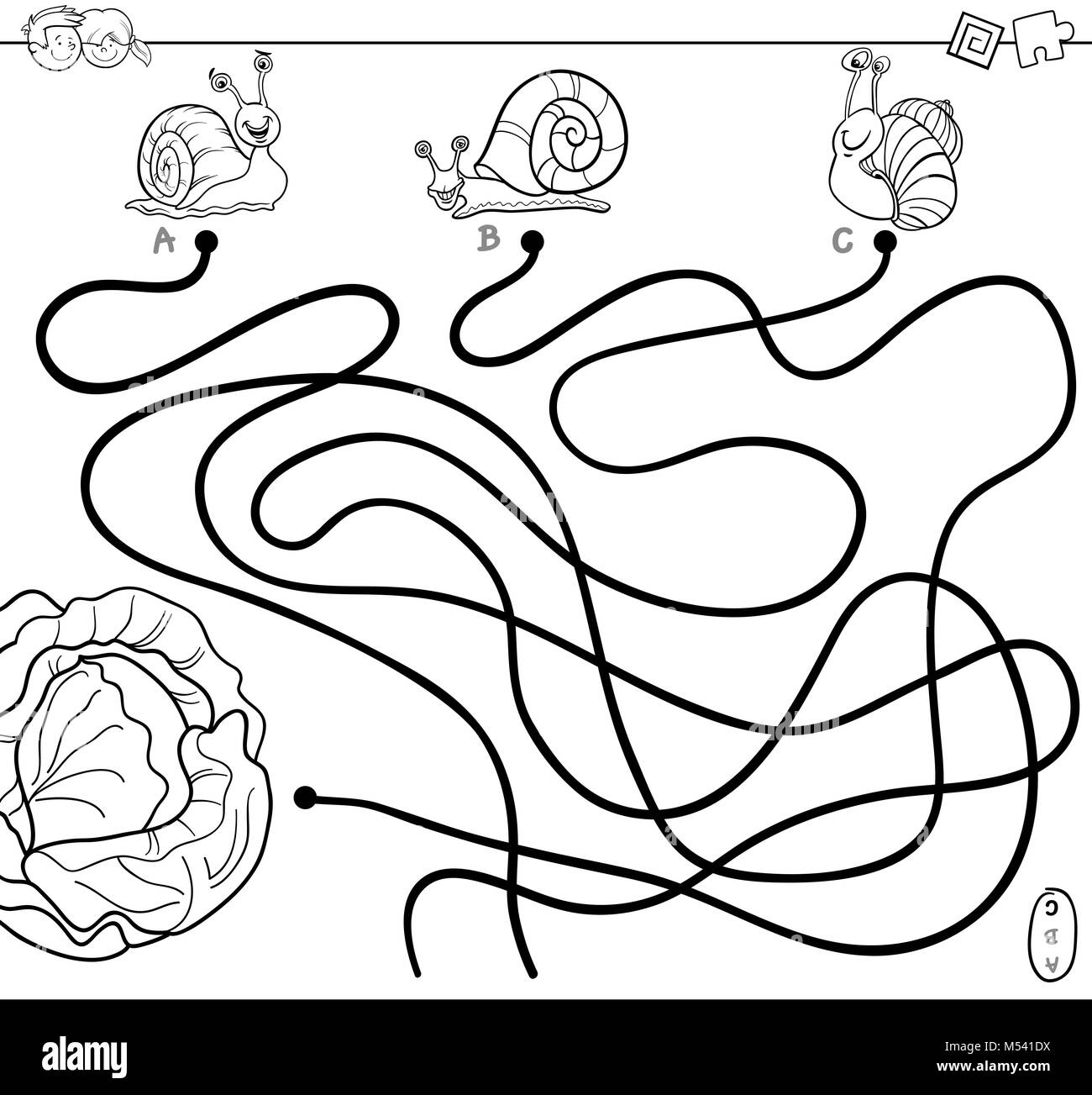 Paths maze with snails and lettuce coloring book stock photo