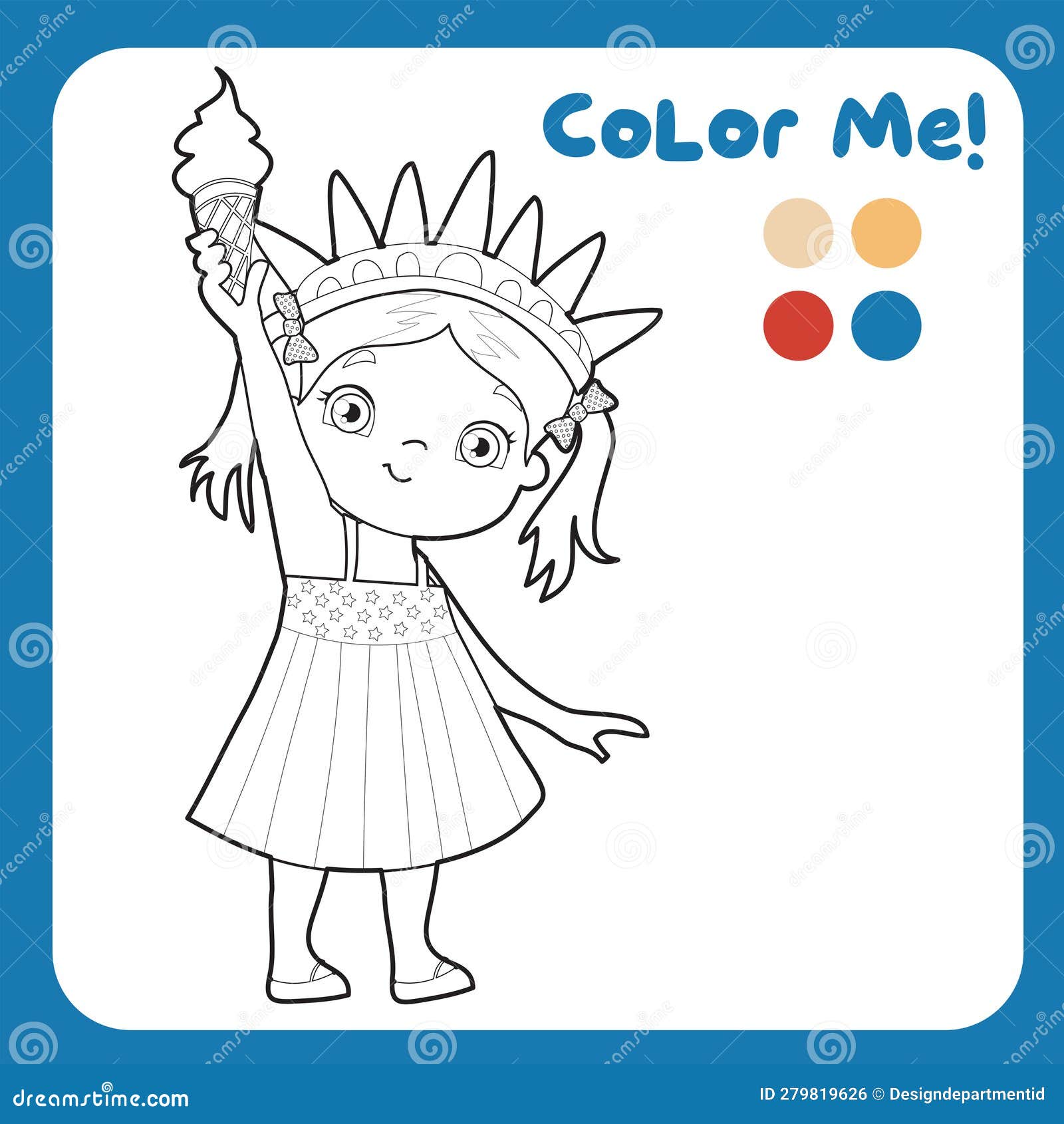 Th of july theme coloring page for kids colouring of a cute little blond girl wearing liberty crown and holding an ice cream stock vector