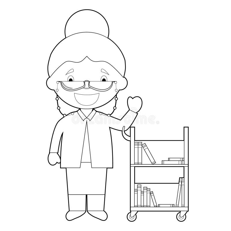 Easy coloring cartoon vector illustration of a librarian stock vector