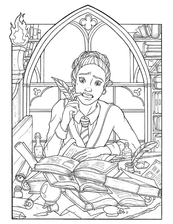 Witch in library studying with books a halloween coloring page for kids and adults digital printable instant download
