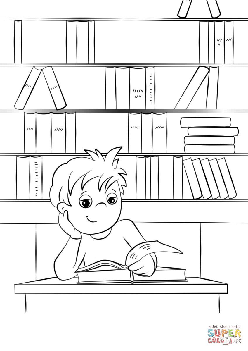 Cute little boy reading a book at the library coloring page free printable coloring pages