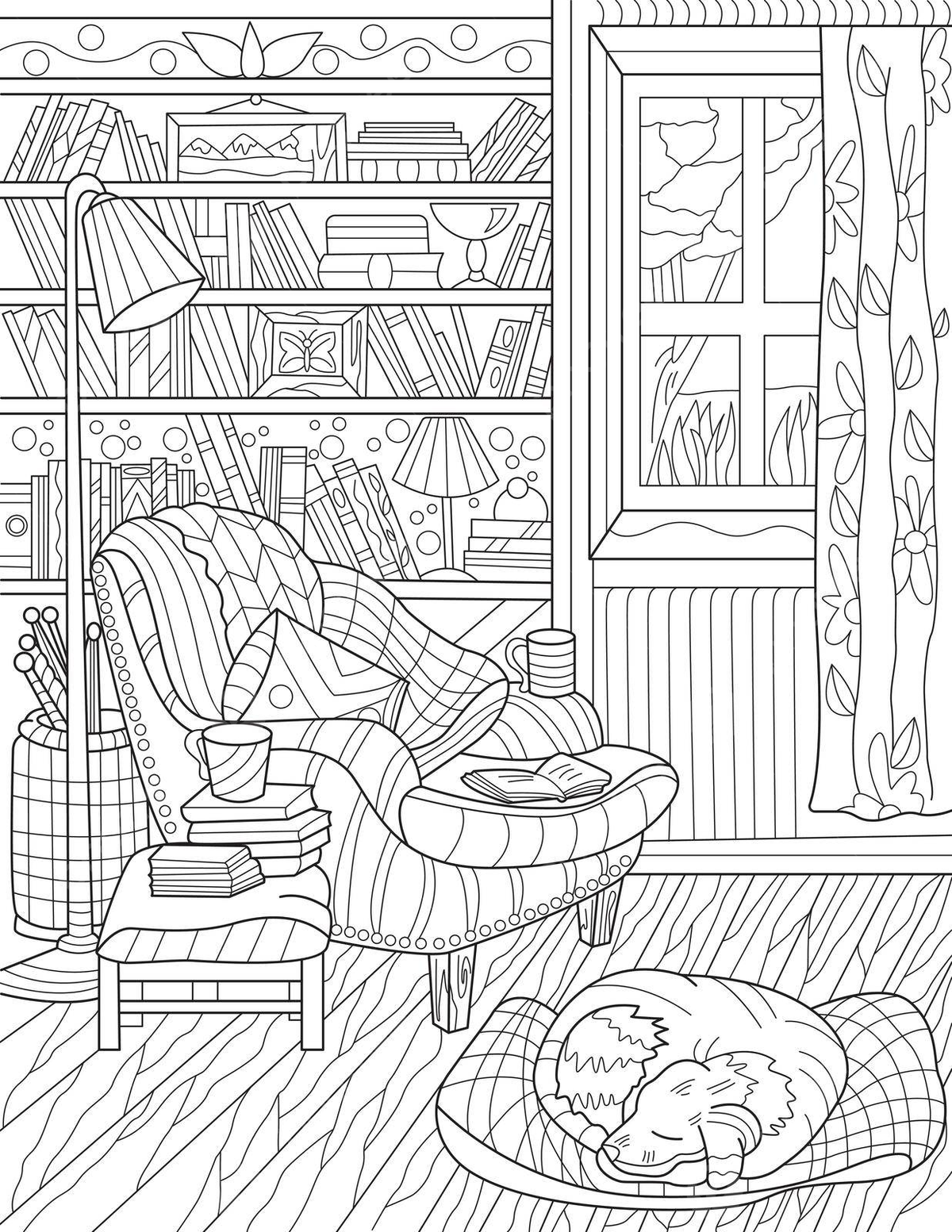 Cozy home library with dog books and coloring pages vector bedroom backgrounds doodle png and vector with transparent background for free download