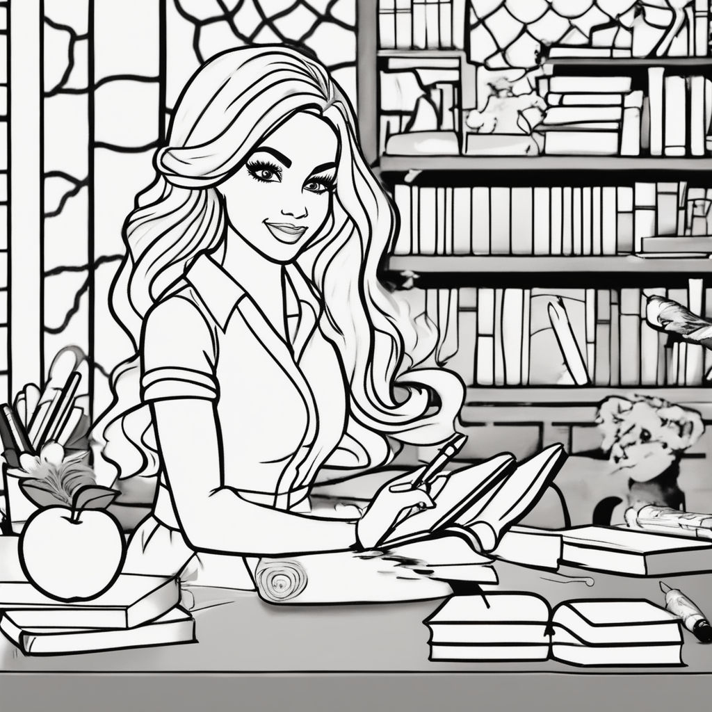 Line art girl black and white coloring page student book desk