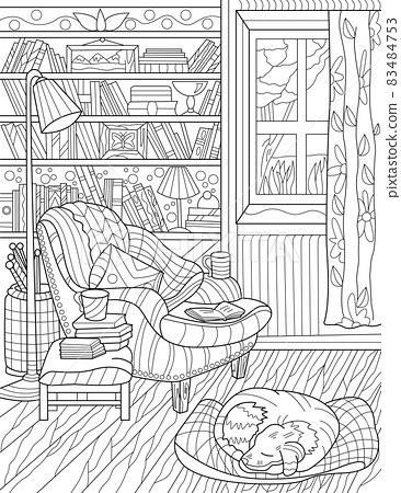 Home library room chair book shelf light lamp
