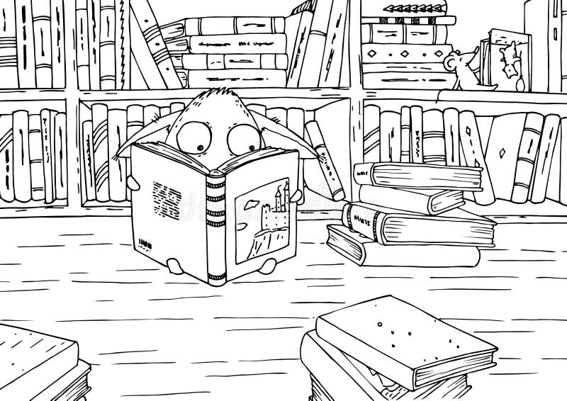 Coloring page for children little monster in library stock illustration