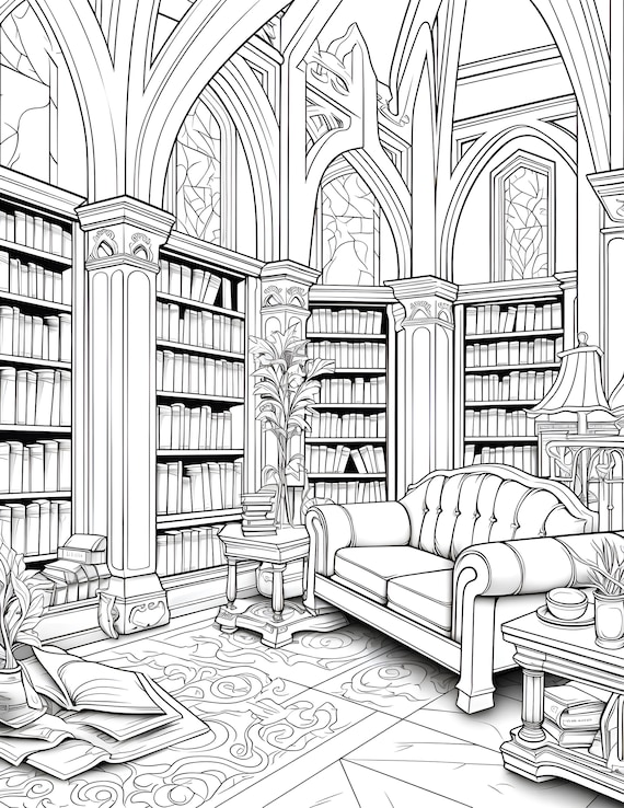 Library room interior design coloring pages adult activity kids books houses sheets instant download printable pdf jpeg instant download