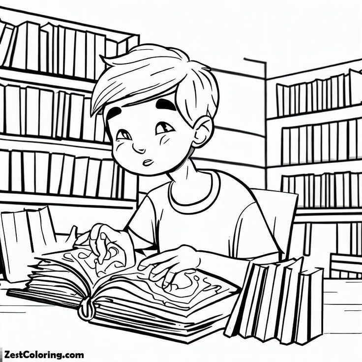 Boy reading books in library coloring pages books to read coloring pages smart kids