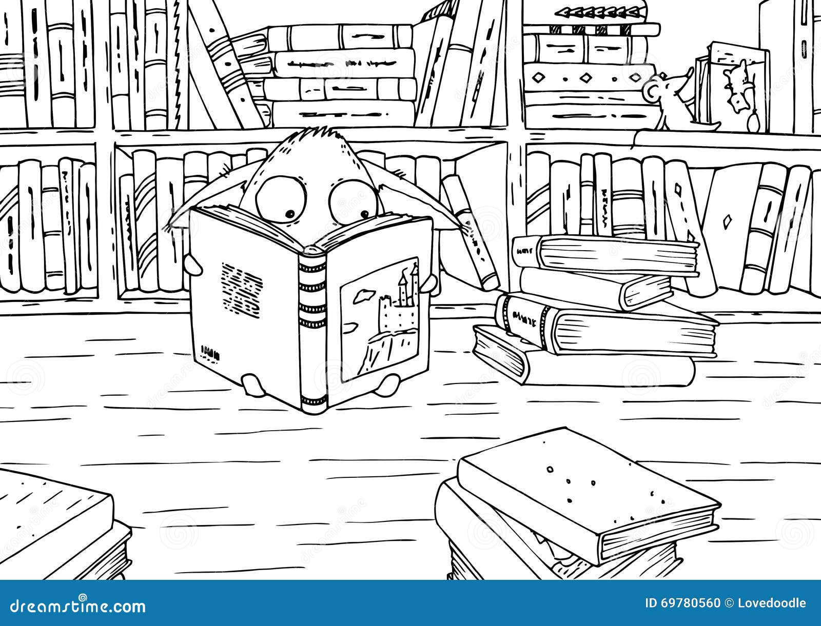 Coloring page for children little monster in library stock illustration