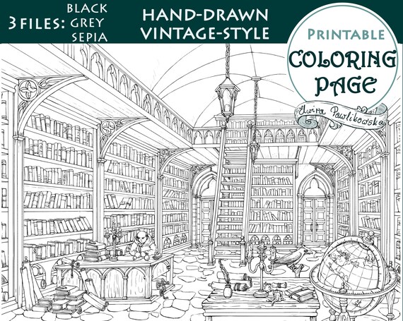 Printable coloring page medieval library a size detailed hand