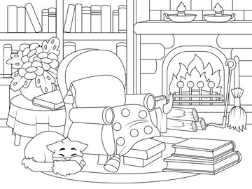 Premium vector home library interior with fireplace and cat cozy room vector page for printable children coloring book