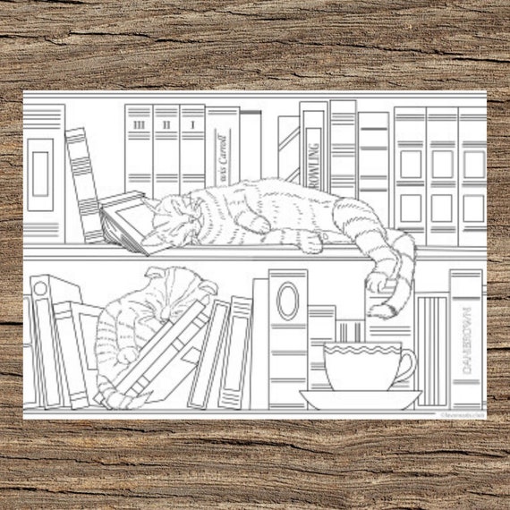 Home library cats printable adult coloring page from favoreads coloring book pages for adults coloring sheets coloring designs