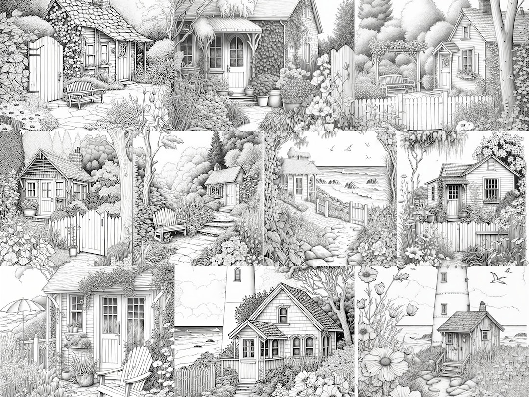 Cottage gardens coloring book set printable adult coloring pages download grayscale illustration printable pdf file