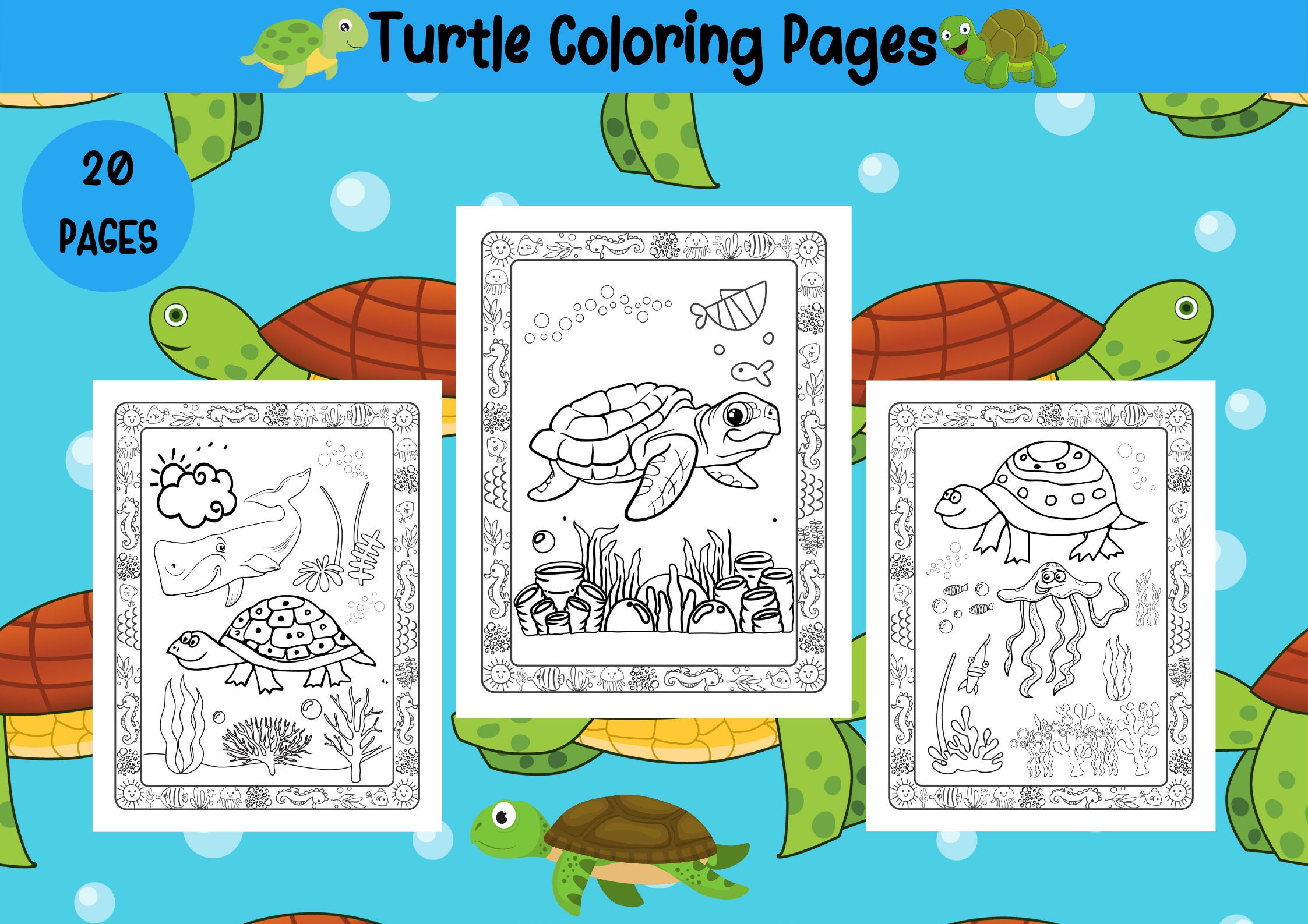 Turtle coloring page printable pages cute turtles digital coloring book for kids boys and girls