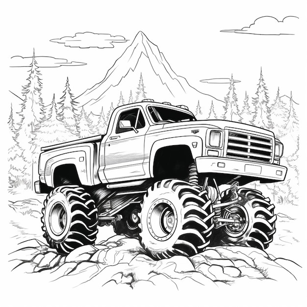 Premium ai image a coloring page of a monster truck with huge tires generative ai