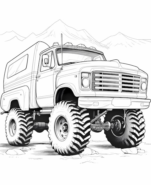 Premium ai image coloring page realistic monster truck van in a work shop with wheels off
