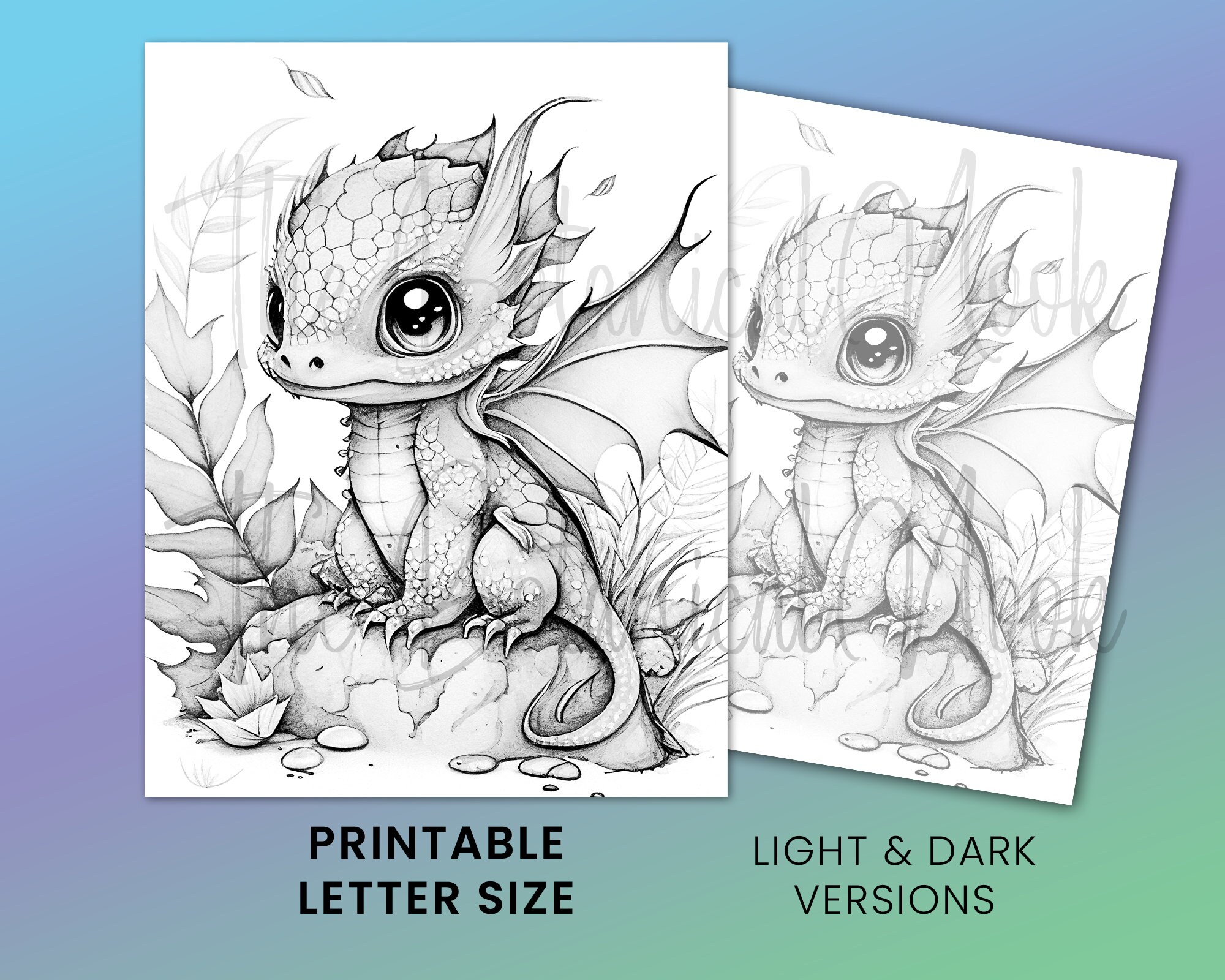 Baby woodland dragon fantasy coloring page adults kids instant download grayscale coloring page printable pdf dragons coloring