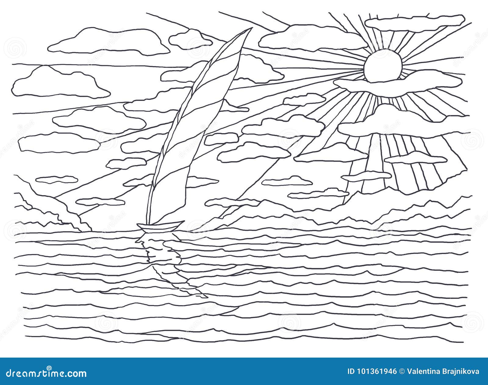 Template for coloring sea coloring landscape painting sailboat in the sea sun rays light heat clouds shore stock illustration