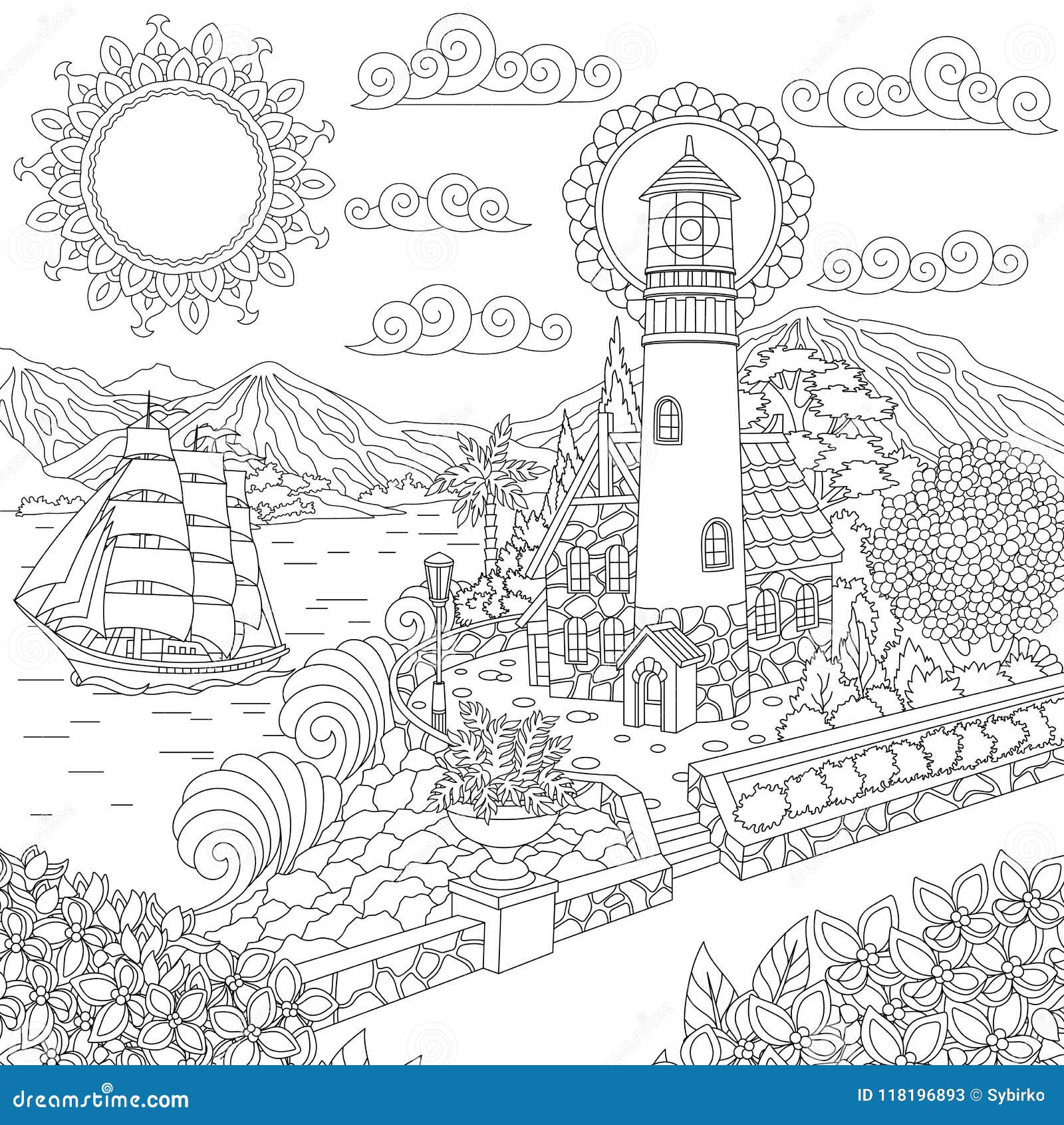 Zentangle lighthouse on sea shore stock vector
