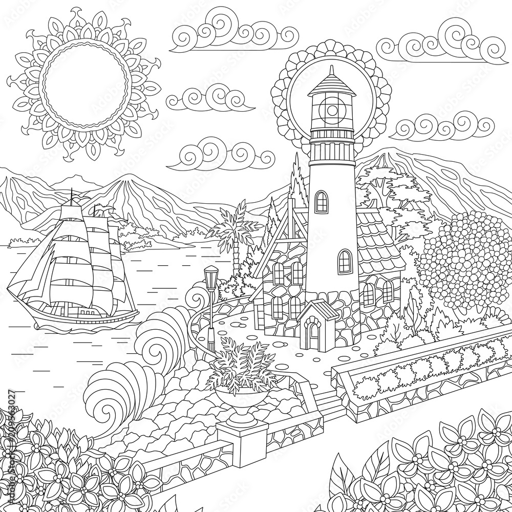 Lighthouse on sea shore and sailing ship coloring page colouring picture adult coloring book idea vector