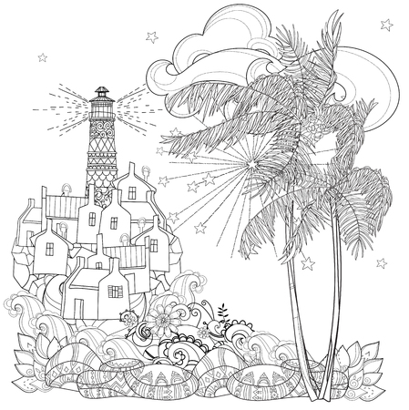 Hand drawn doodle outline palm tree fairy cartoon city lighthouse decorated with floral ornamentsvector zen art illustrationsketch for tattoo poster or adult coloring pagesboho style