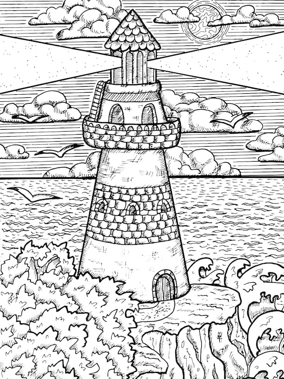 Lighthouse adult coloring book page nautical coloring page colouring sheet