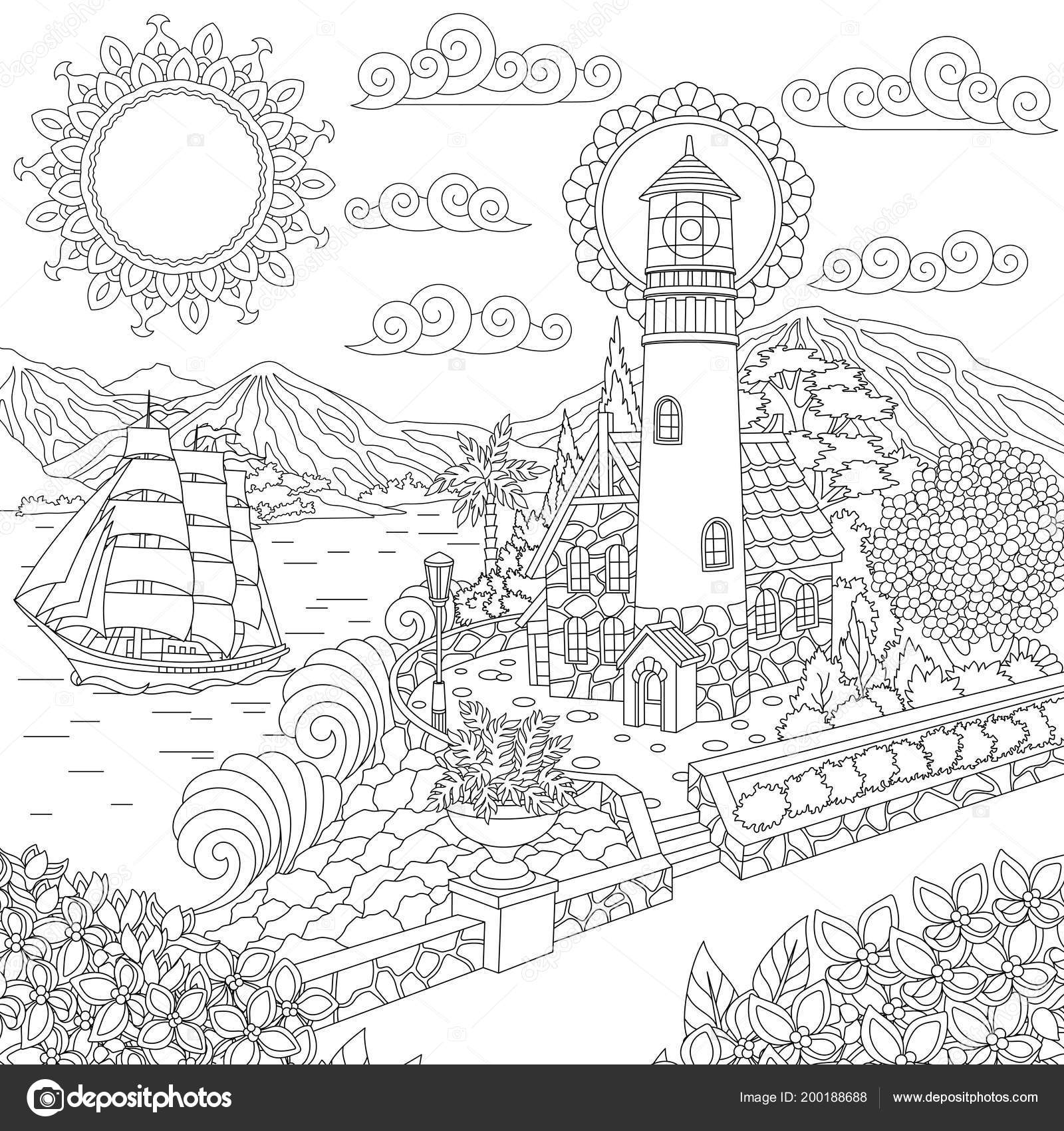 Lighthouse sea shore sailing ship coloring page colouring picture adult stock vector by sybirko