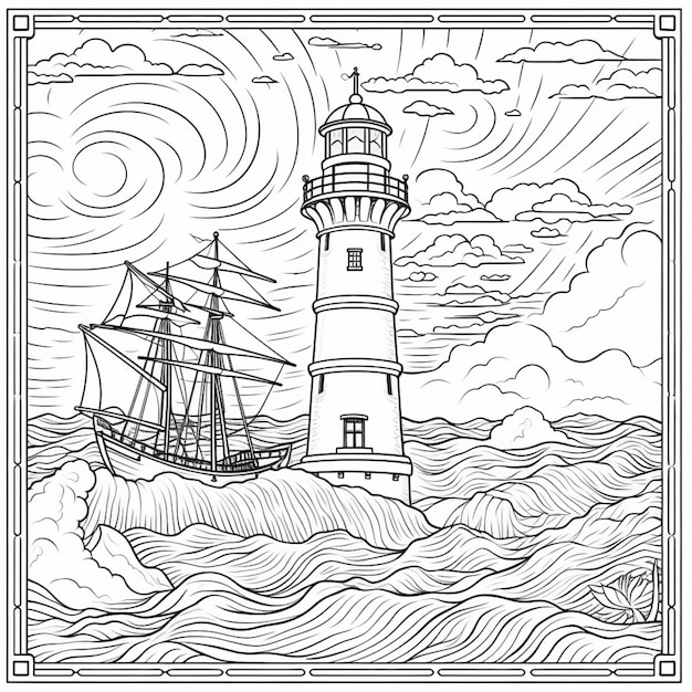 Premium ai image a coloring page with a lighthouse and a ship in the ocean generative ai